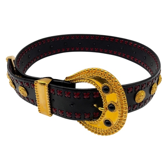 DODO BAR BLACK / BORDEAUX LEATHER BELT WITH GOLD STUDS - Picture 1 of 8
